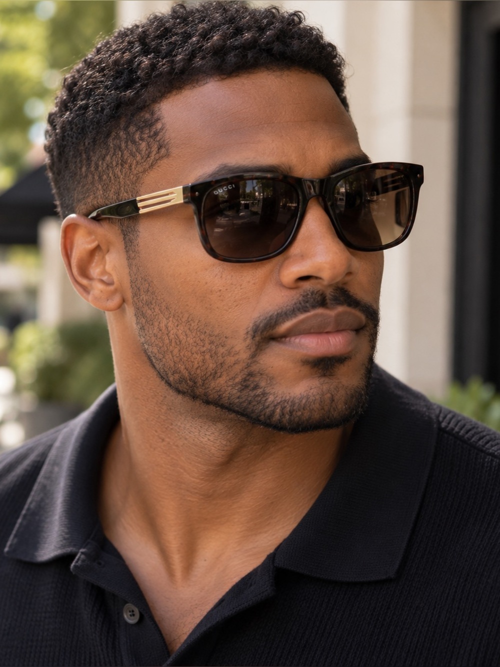 Gucci Black Brown Gradient Square Sunglasses with Gold Accents